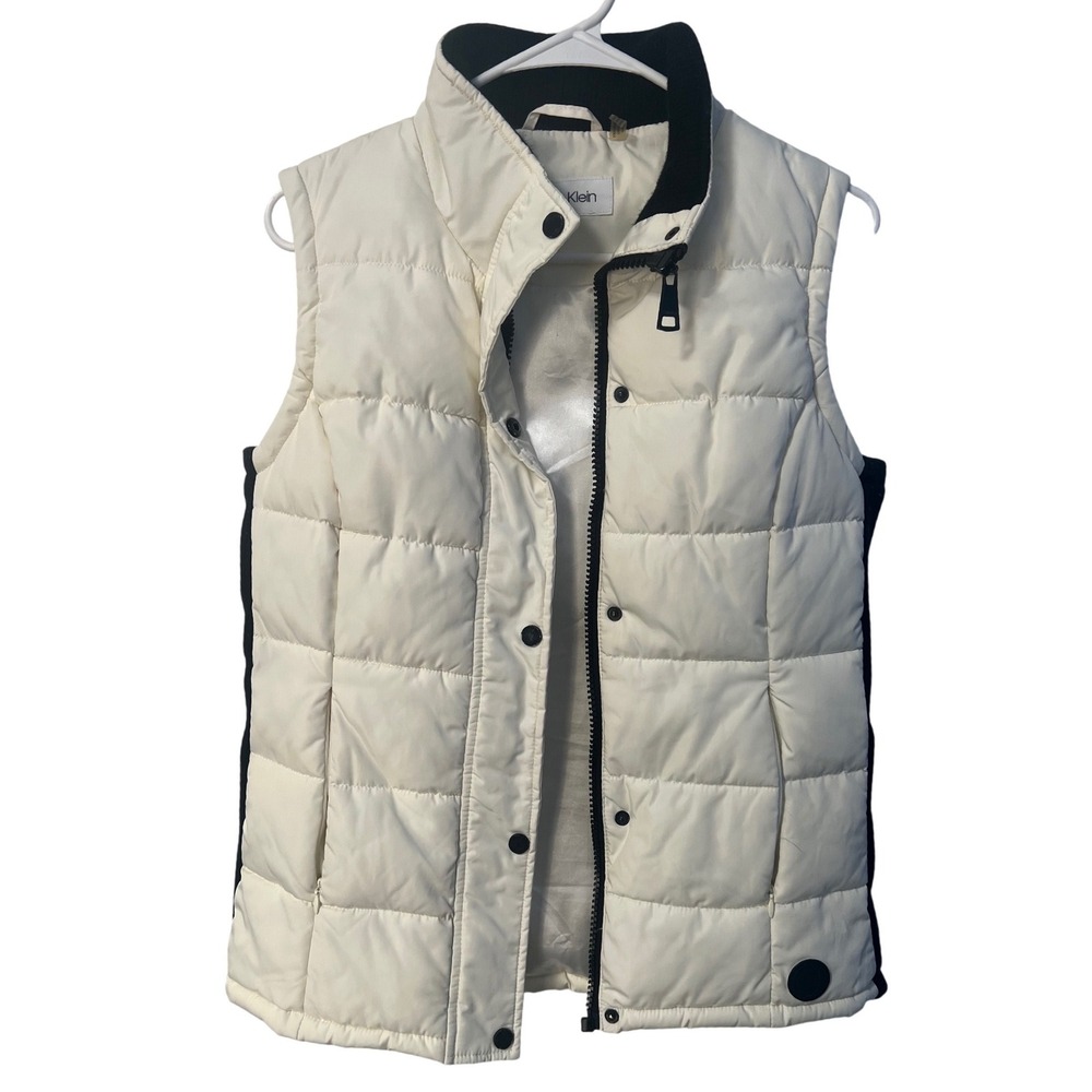 Calvin Klein Womens Puffer Vest Cream White Black Ribbed Side‎ Panels XS